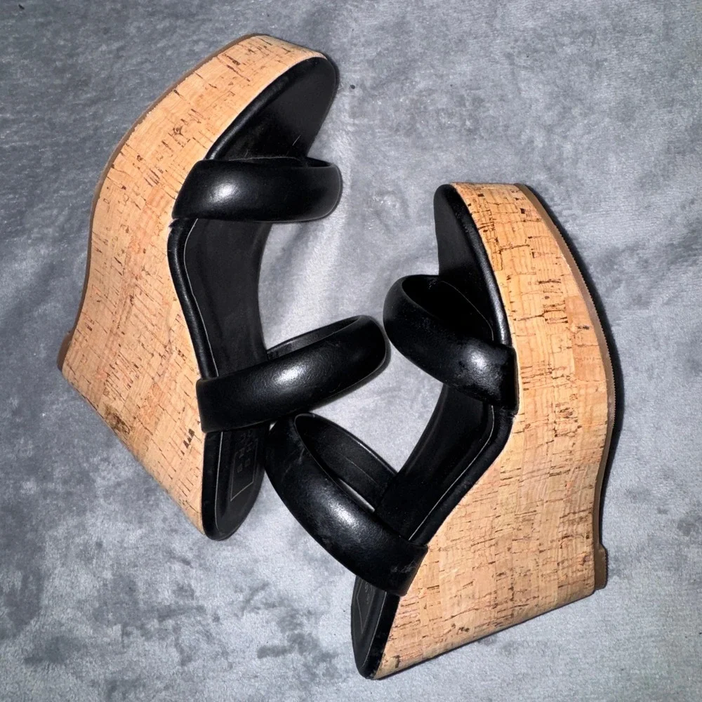 Shu Shop Womens Padded Strap Platform Wedge 7 Black Cork High Heel Sandal